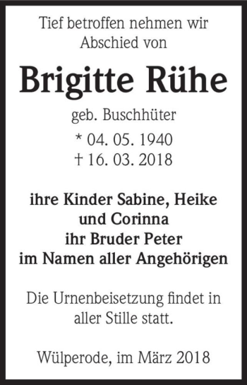 Traueranzeige von Brigitte Rühe (geb. Buschhüter)  von Magdeburger Volksstimme