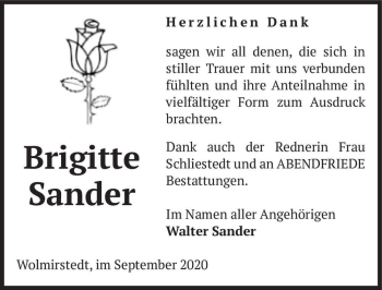 Traueranzeige von Brigitte Sander  von Magdeburger Volksstimme