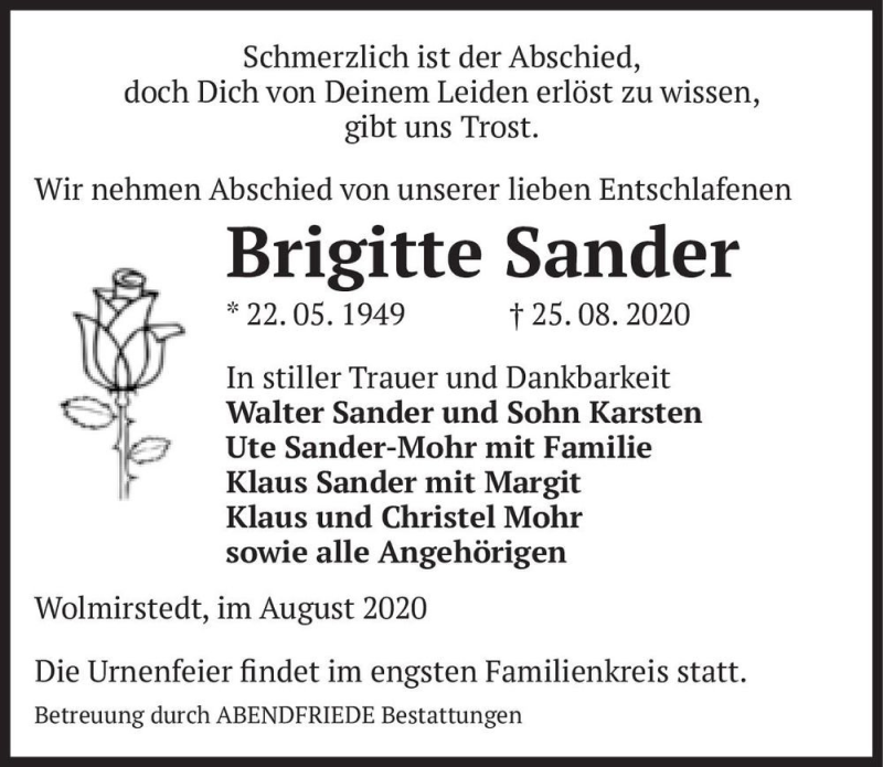  Traueranzeige für Brigitte Sander  vom 29.08.2020 aus Magdeburger Volksstimme