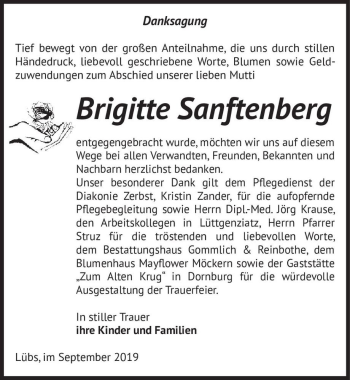 Traueranzeige von Brigitte Sanftenberg  von Magdeburger Volksstimme
