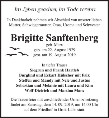 Traueranzeige von Brigitte Sanftenberg (geb. Marx)  von Magdeburger Volksstimme