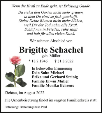 Traueranzeige von Brigitte Schachel (geb. Müller)  von Magdeburger Volksstimme