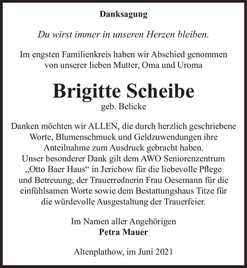  Traueranzeige für Brigitte Scheibe  vom 19.06.2021 aus Magdeburger Volksstimme