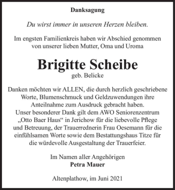 Traueranzeige von Brigitte Scheibe  von Magdeburger Volksstimme