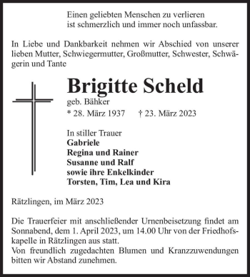 Traueranzeige von Brigitte Scheld (geb. Bähker)  von Magdeburger Volksstimme