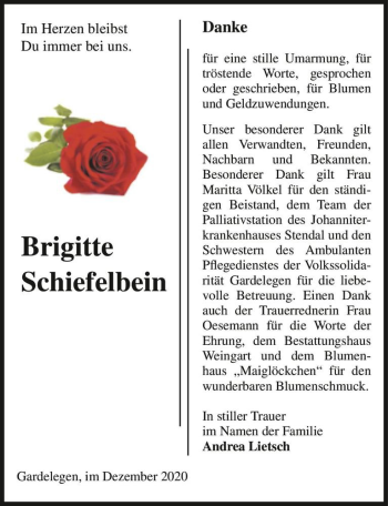 Traueranzeige von Brigitte Schiefelbein  von Magdeburger Volksstimme