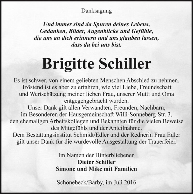  Traueranzeige für Brigitte Schiller  vom 16.07.2016 aus Magdeburger Volksstimme
