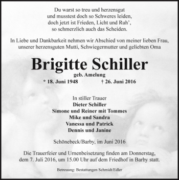 Traueranzeige von Brigitte Schiller (geb. Amelung)  von Magdeburger Volksstimme