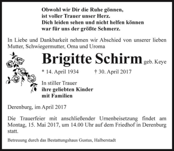 Traueranzeige von Brigitte Schirm (geb. Keye)  von Magdeburger Volksstimme