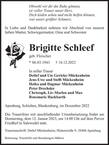Traueranzeige von Brigitte Schleef (geb. Fleischer)  von Magdeburger Volksstimme