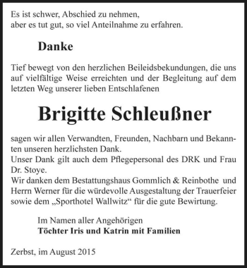Traueranzeige von Brigitte Schleußner  von Magdeburger Volksstimme