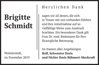 Traueranzeige von Brigitte Schmidt  von Magdeburger Volksstimme