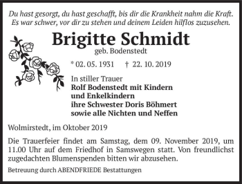 Traueranzeige von Brigitte Schmidt (geb. Bodenstedt)  von Magdeburger Volksstimme