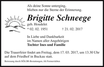 Traueranzeige von Brigitte Schneege (geb. Houdelet)  von Magdeburger Volksstimme