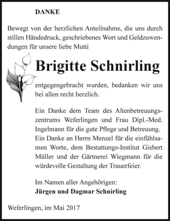 Traueranzeige von Brigitte Schnirling  von Magdeburger Volksstimme