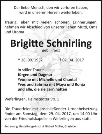 Traueranzeige von Brigitte Schnirling (geb. Franz)  von Magdeburger Volksstimme