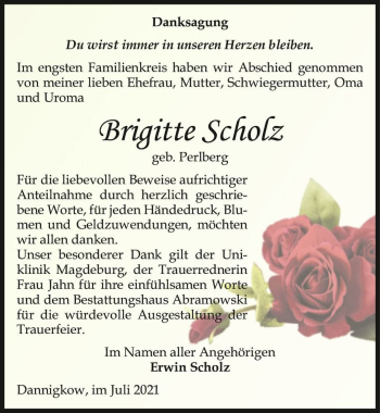 Traueranzeige von Brigitte Scholz (geb. Perlberg)  von Magdeburger Volksstimme
