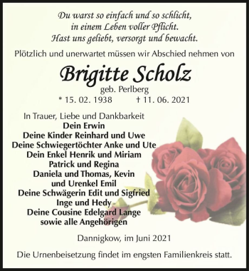 Traueranzeige von Brigitte Scholz (geb. Perlenberg)  von Magdeburger Volksstimme