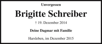 Traueranzeige von Brigitte Schreiber  von Magdeburger Volksstimme