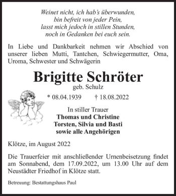 Traueranzeige von Brigitte Schröter (geb. Schulz)  von Magdeburger Volksstimme