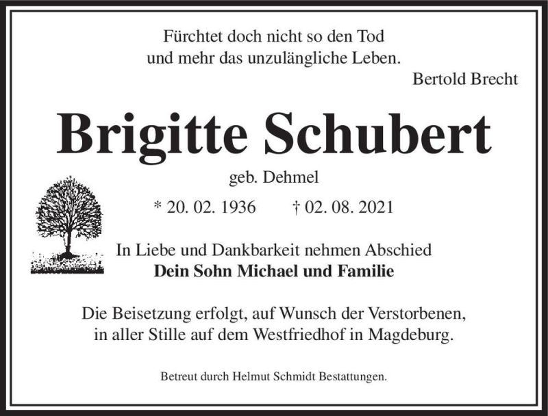  Traueranzeige für Brigitte Schubert (geb. Dehmel)  vom 14.08.2021 aus Magdeburger Volksstimme