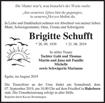 Traueranzeige von Brigitte Schufft  von Magdeburger Volksstimme