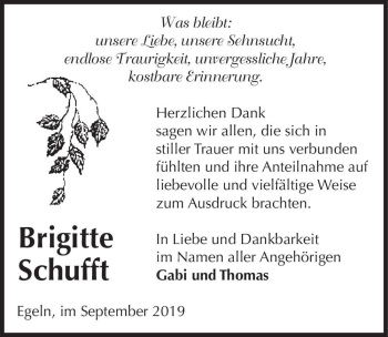 Traueranzeige von Brigitte Schufft  von Magdeburger Volksstimme