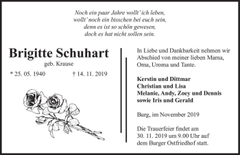 Traueranzeige von Brigitte Schuhart (geb. Krause)  von Magdeburger Volksstimme