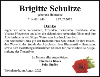 Traueranzeige von Brigitte Schultze (geb. Helmecke)  von Magdeburger Volksstimme