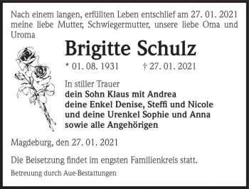 Traueranzeige von Brigitte Schulz  von Magdeburger Volksstimme