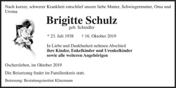 Traueranzeige von Brigitte Schulz (geb. Schindler)  von Magdeburger Volksstimme