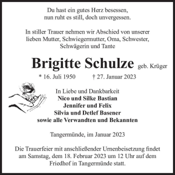 Traueranzeige von Brigitte Schulze (geb. Krüger)  von Magdeburger Volksstimme