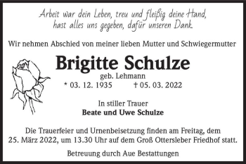 Traueranzeige von Brigitte Schulze (geb. Lehmann)  von Magdeburger Volksstimme