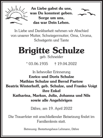 Traueranzeige von Brigitte Schulze (geb. Schneider)  von Magdeburger Volksstimme