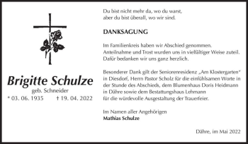 Traueranzeige von Brigitte Schulze (geb. Schneider)  von Magdeburger Volksstimme