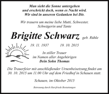 Traueranzeige von Brigitte Schwarz (geb. Rühle)  von Magdeburger Volksstimme