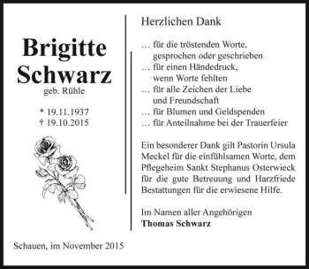 Traueranzeige von Brigitte Schwarz (geb. Rühle)  von Magdeburger Volksstimme