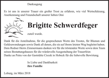 Traueranzeige von Brigitte Schwerdfeger  von Magdeburger Volksstimme
