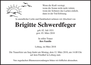 Traueranzeige von Brigitte Schwerdfeger  von Magdeburger Volksstimme