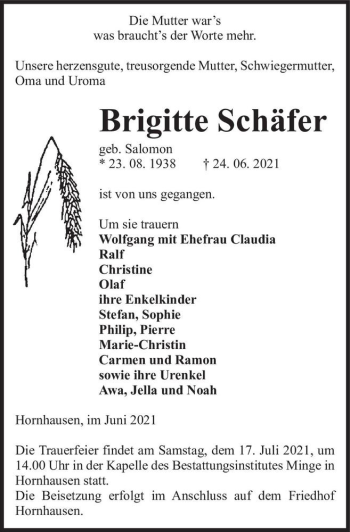 Traueranzeige von Brigitte Schäfer (geb. Salomon)  von Magdeburger Volksstimme