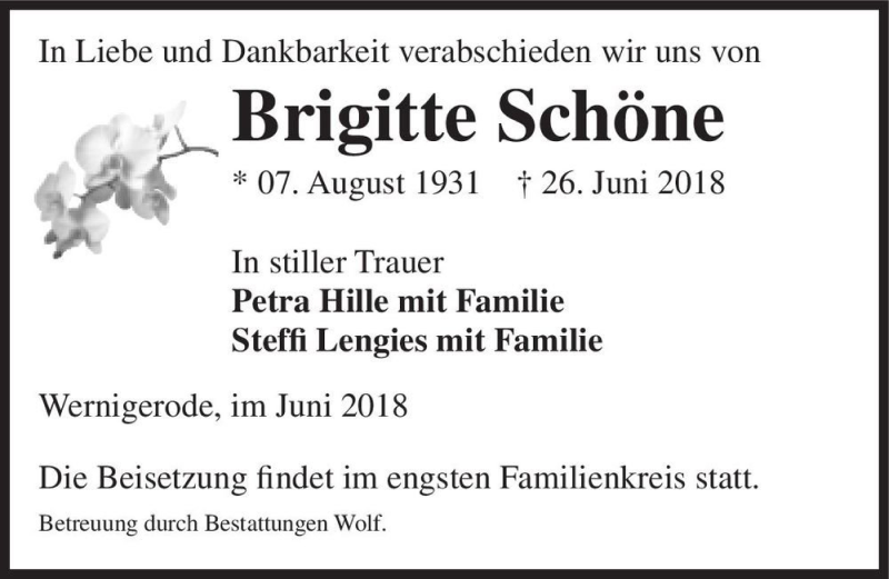  Traueranzeige für Brigitte Schöne  vom 30.06.2018 aus Magdeburger Volksstimme