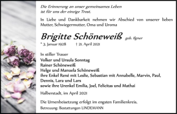Traueranzeige von Brigitte Schöneweiß (geb. Illgner)  von Magdeburger Volksstimme
