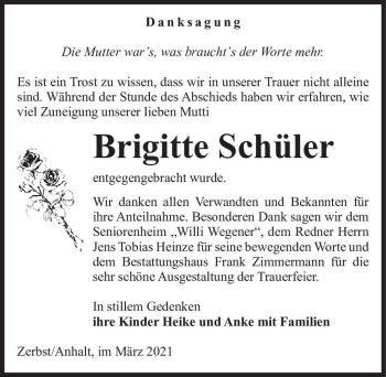 Traueranzeige von Brigitte Schüler  von Magdeburger Volksstimme