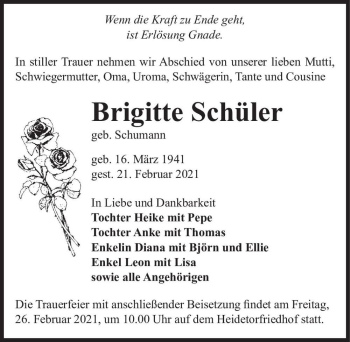 Traueranzeige von Brigitte Schüler (geb. Schumann)  von Magdeburger Volksstimme