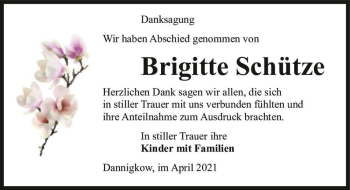 Traueranzeige von Brigitte Schütze  von Magdeburger Volksstimme