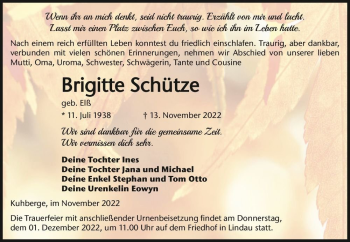 Traueranzeige von Brigitte Schütze (geb. Elß)  von Magdeburger Volksstimme