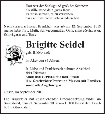 Traueranzeige von Brigitte Seidel (geb. Hildebrandt)  von Magdeburger Volksstimme