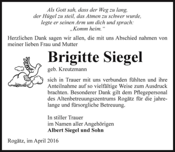 Traueranzeige von Brigitte Siegel (geb. Kreutzmann)  von Magdeburger Volksstimme
