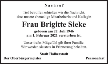 Traueranzeige von Brigitte Sieke  von Magdeburger Volksstimme