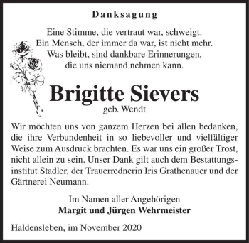 Traueranzeige von Brigitte Sievers (geb. Wendt)  von Magdeburger Volksstimme